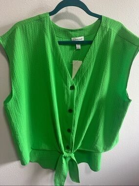 Calvin Klein Bright Green Tie-Front Button Tank Top